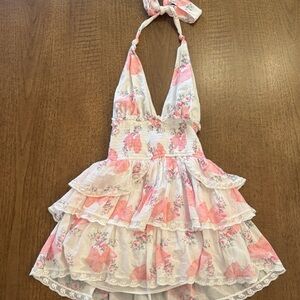 LoveShackFancy Bow and Floral Halter Dress with Ruffle Layers